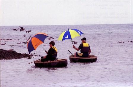 Padding at sea with umbrellas